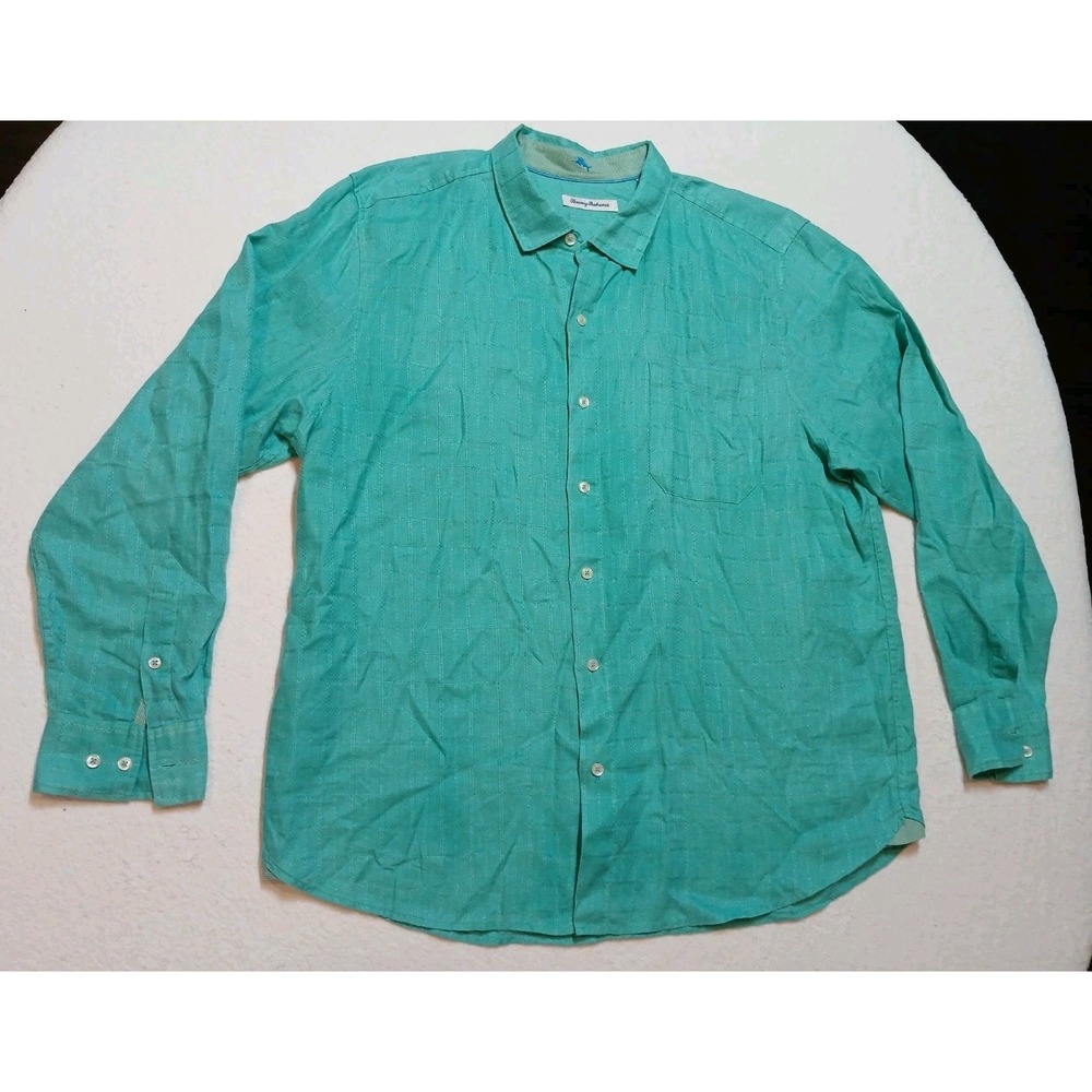 Tommy Bahama Mens XL Linen Cotton Button Up Shirt Seafoam Green Grid Long Sleeve